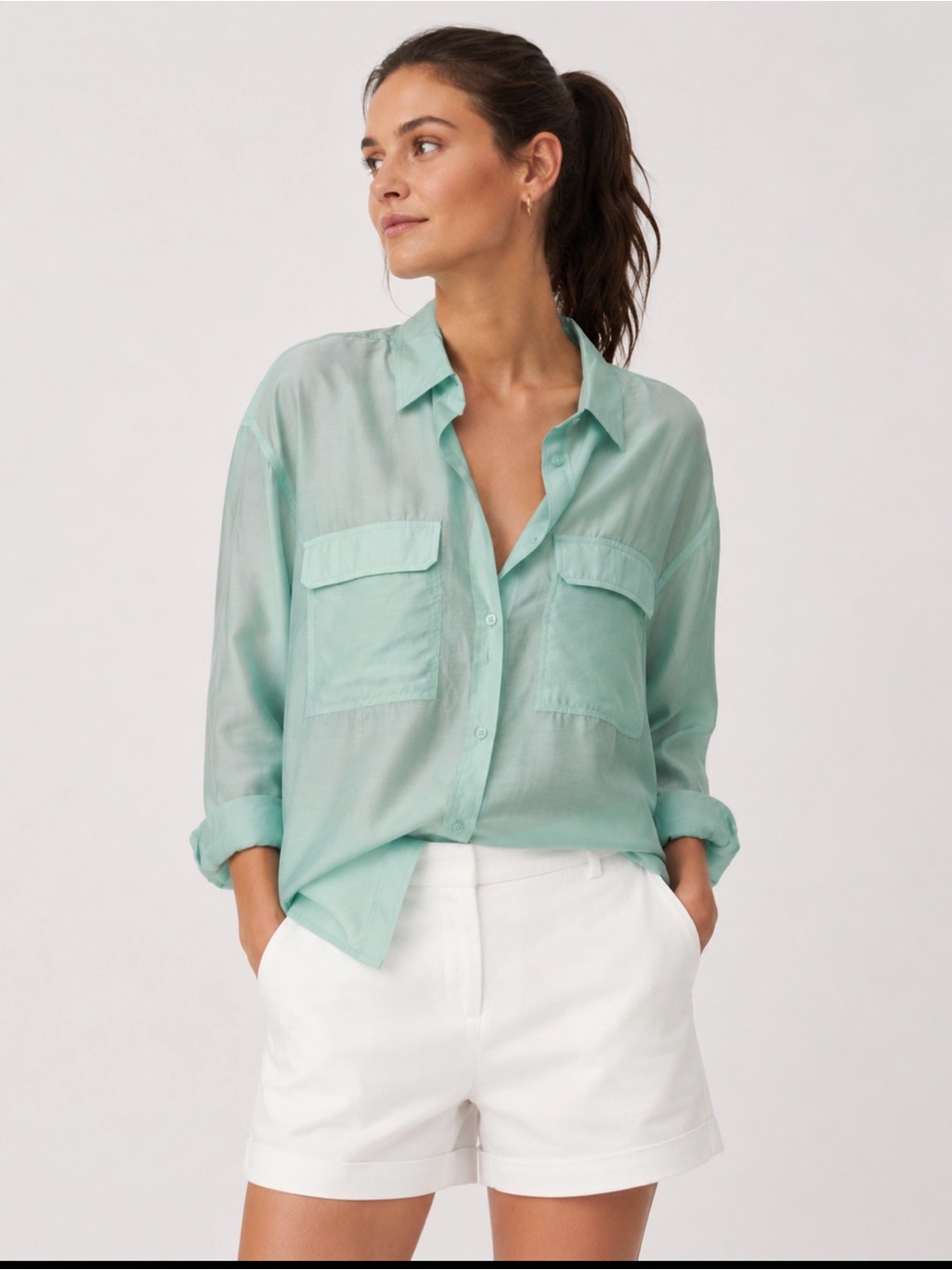 Loft Sheer Light Mint Blouse Nwt | Button Up Shirt | Front Pockets 86% Lyocell